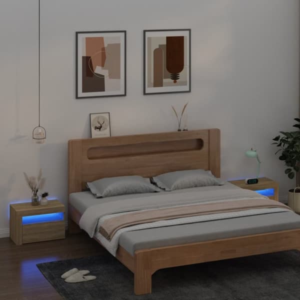 sengeborde med LED-lys 2 stk. 60x35x40 cm sonoma-eg