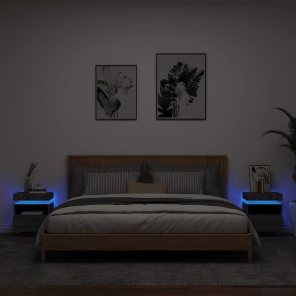 sengeborde 2 stk. med LED-lys 40x39x48,5 cm grå sonoma-eg