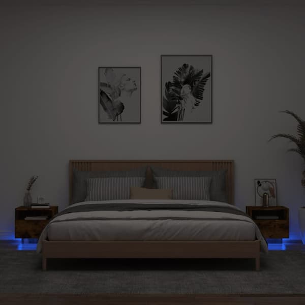 sengeborde 2 stk. med LED-lys 40x39x37 cm røget egetræsfarve