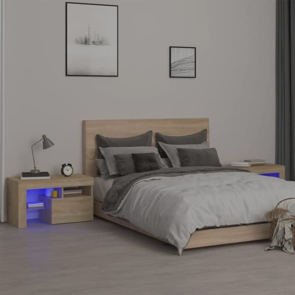 sengeborde 2 stk. med LED-lys 70x36,5x40 cm sonoma-eg