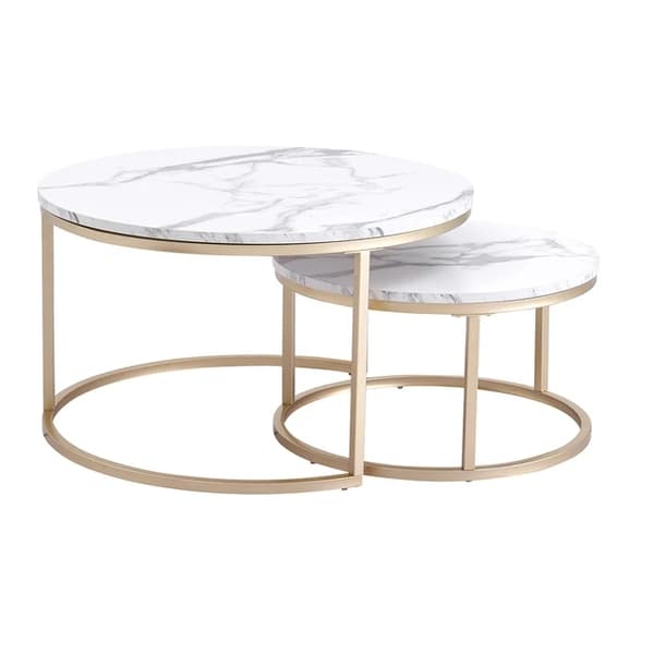 Marmortexturerat soffbord, rund design, 2 i 1 kombination, 80cm och 60cm
