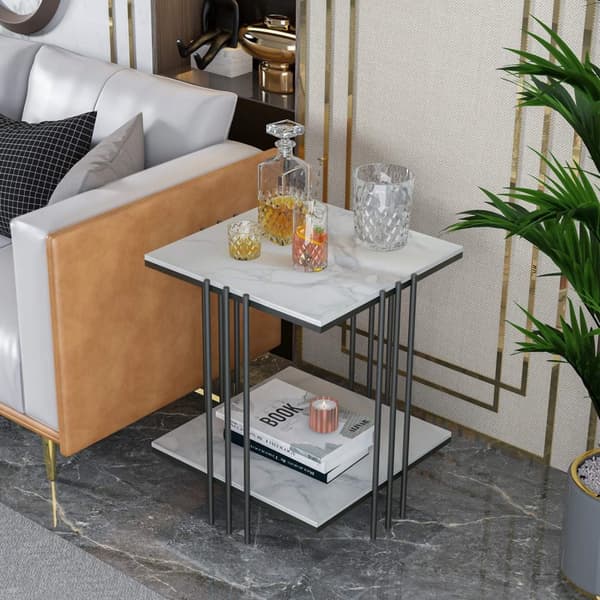 Soffbord, 2-nivådesign, marmorskiva, svart metallram, Svart och Vit