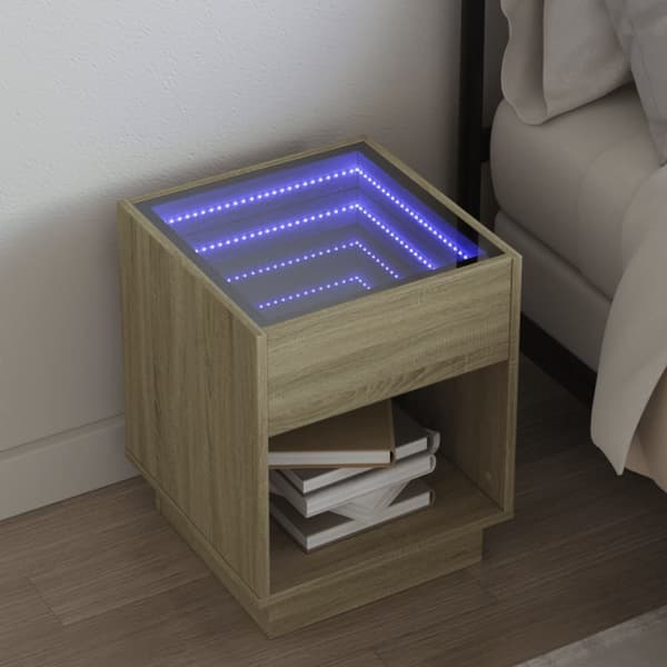 sengebord med Infinity LED-lys 40x40x50 cm sonoma-eg
