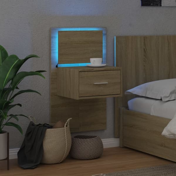 Väggmonterat sängbord med LED-lampor sonoma-ek