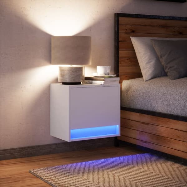 Väggmonterat sängbord med LED-lampor vit