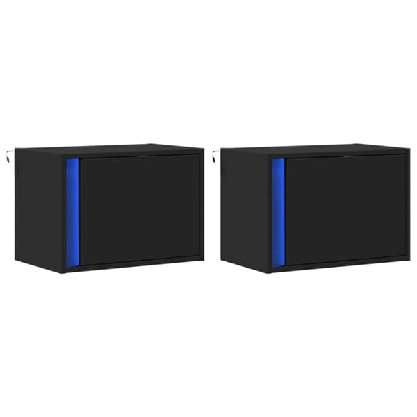Väggmonterade sängbord med LED-lampor 2 st svart