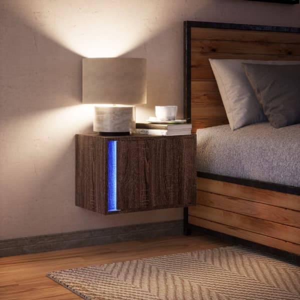 Väggmonterat sängbord med LED ljusbrun ek