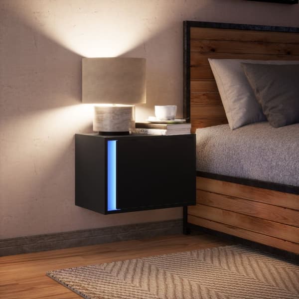 Väggmonterat sängbord med LED-lampor svart