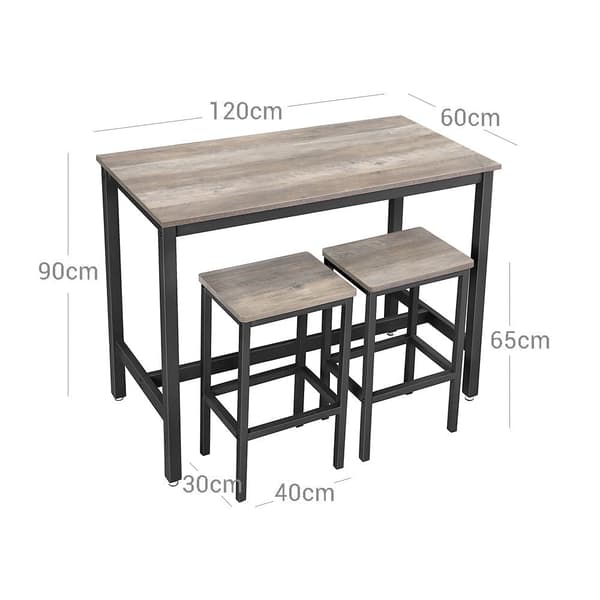Søjlebord - Høj køkkenbord med 2 barstole - Metalramme - Grå/sort