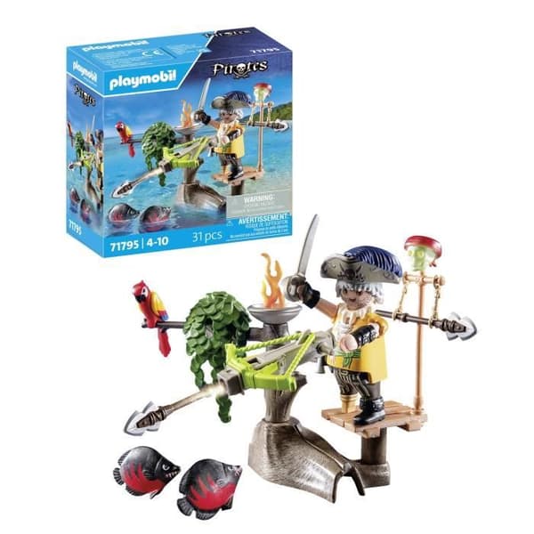 PLAYMOBIL 71795 Merirosvo jousella ja kalalla tähtäämiseen, 31 osaa, 4-vuotiaille