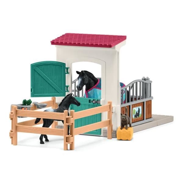 Hevoskopissa tamma ja varsa, Schleich-pakkauksessa 34 elementtiä, mukaan lukien 2 Schleich-hevosta, hahmolaatikko
