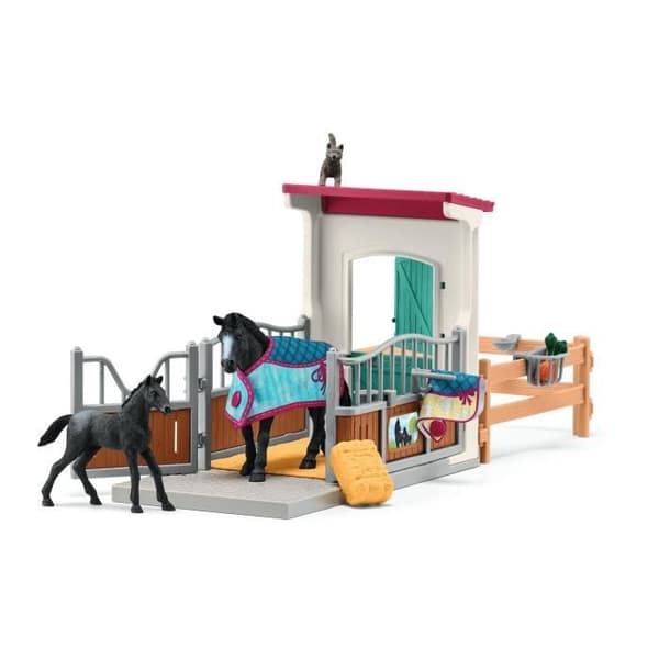 Hevoskopissa tamma ja varsa, Schleich-pakkauksessa 34 elementtiä, mukaan lukien 2 Schleich-hevosta, hahmolaatikko