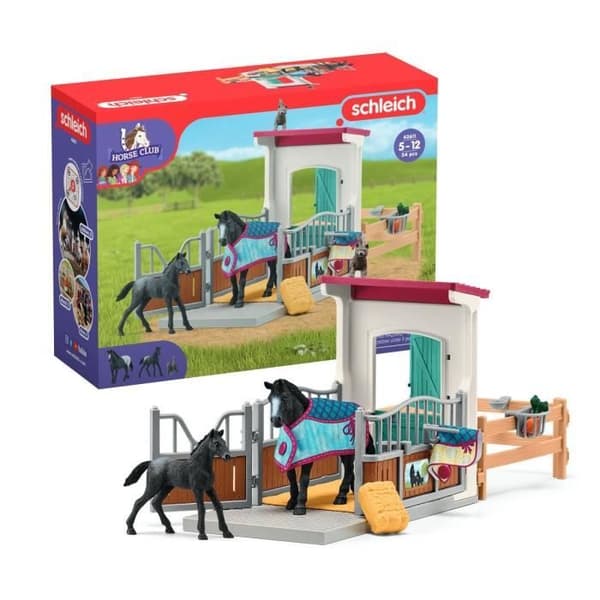 Hevoskopissa tamma ja varsa, Schleich-pakkauksessa 34 elementtiä, mukaan lukien 2 Schleich-hevosta, hahmolaatikko