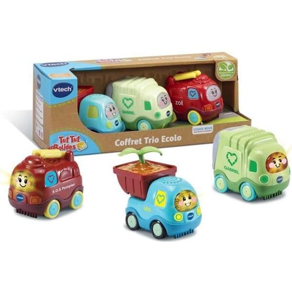 VTECH - Tut Tut Bolides - Ympäristöystävällinen kolmikkosetti - Zoé-palomies, Léo-pikkuauto ja Gabriel-roska-auto