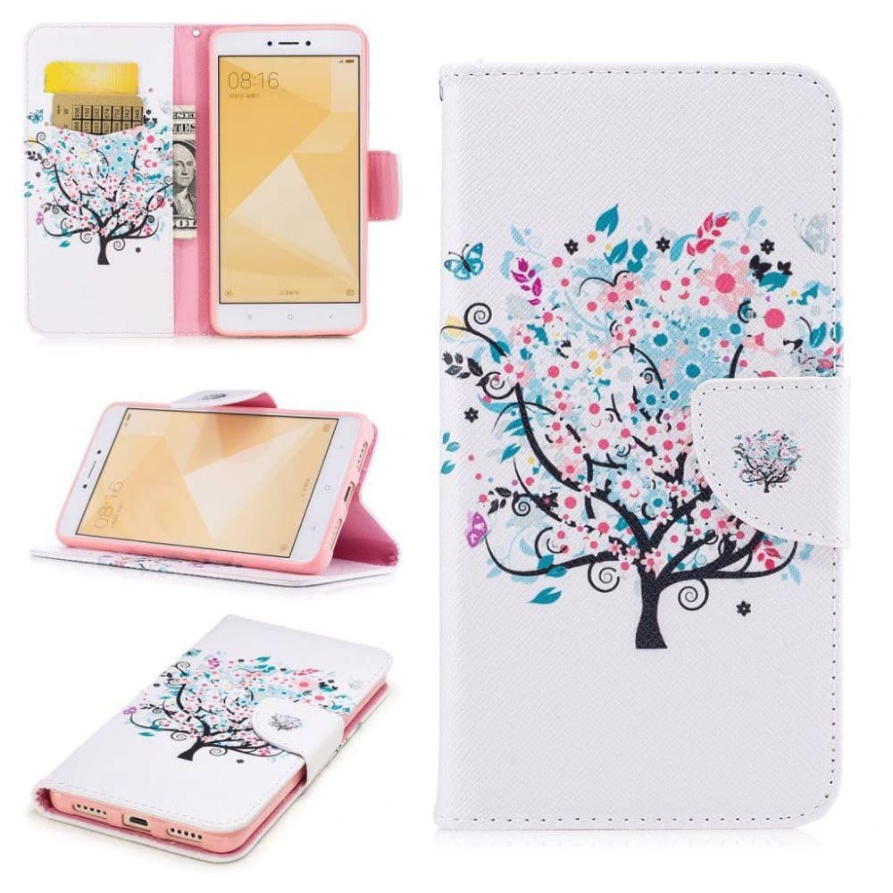 Xiaomi Redmi Note 4 Foldbart læder etui - Blomster træ