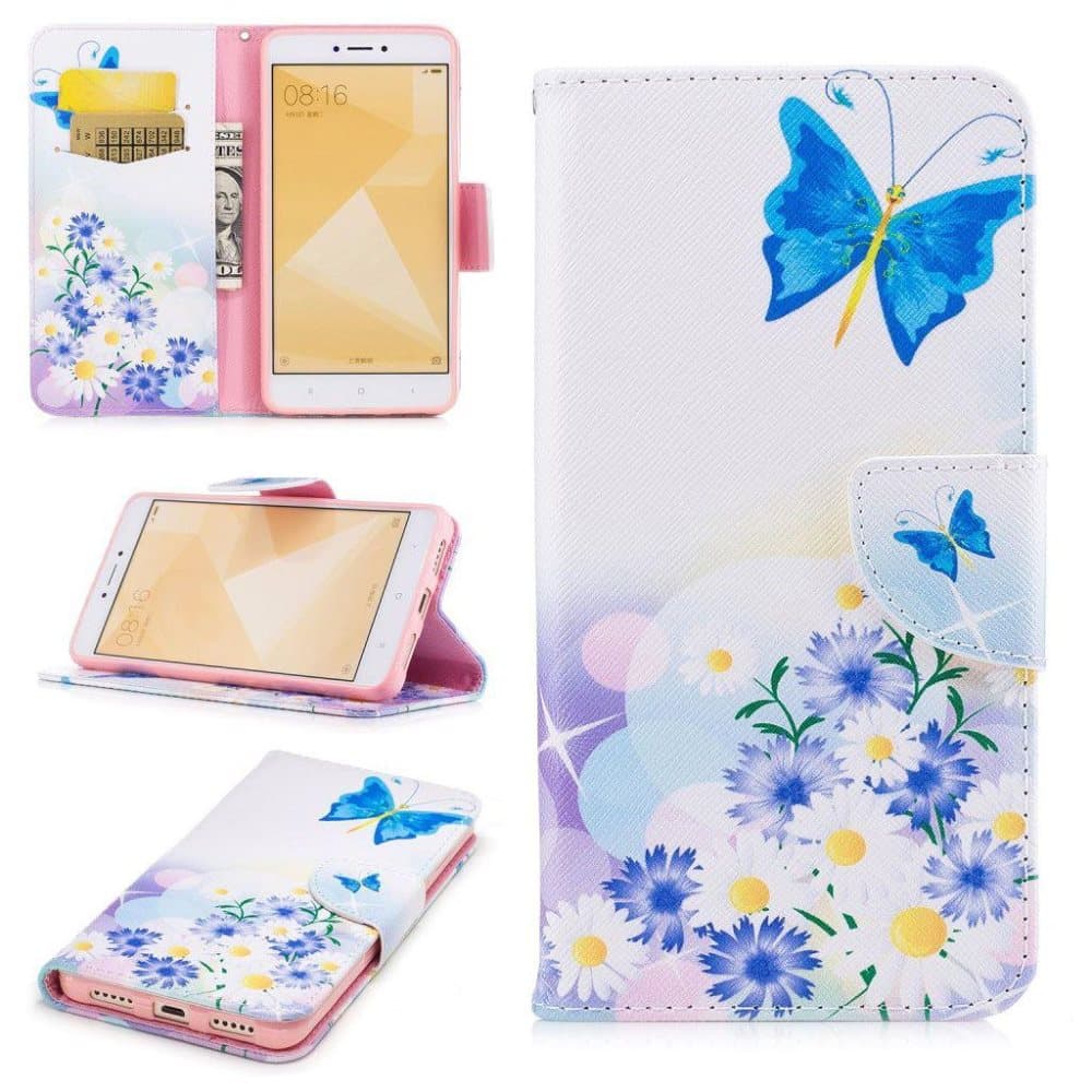 Xiaomi Redmi Note 4 Foldbart læder etui - Blå sommerfugl