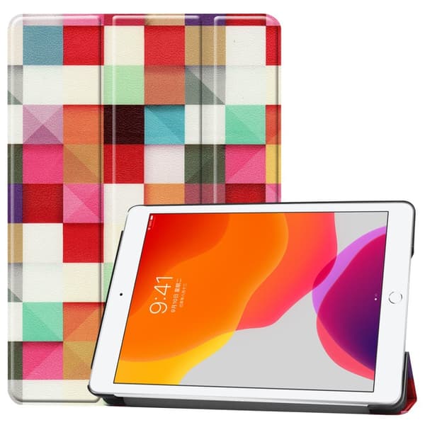 Apple iPad 10.2 Mønster PU Trifoldet Stand Tablet-Taske - Farverige Firkanter