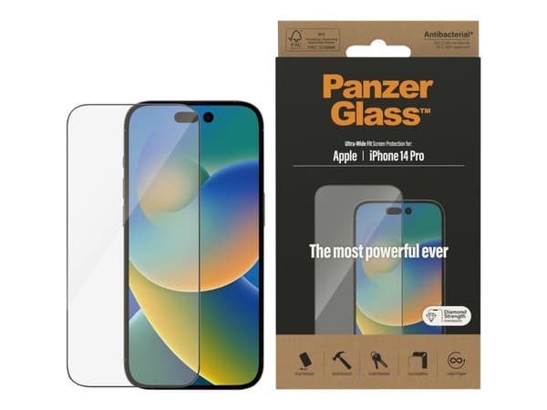 PanzerGlass - Skjermbeskyttelse for mobiltelefon - ultrabred passform - glass - rammefarge svart - for Apple iPhone 14 Pro