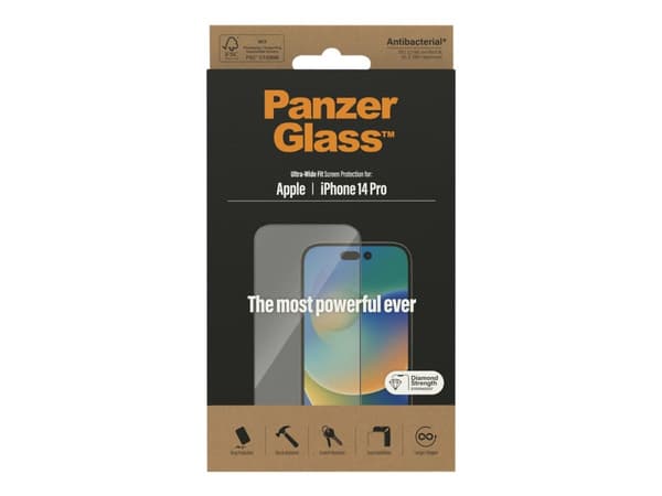 PanzerGlass - Skjermbeskyttelse for mobiltelefon - ultrabred passform - glass - rammefarge svart - for Apple iPhone 14 Pro