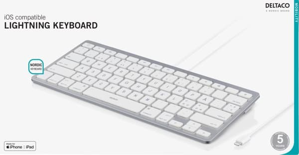 DELTACO lightning-tastatur til iOS-enheder, MFi, 0,4m, nordisk la