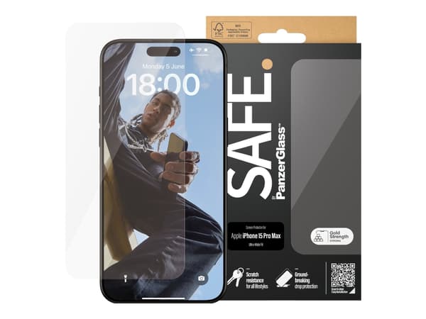 SAFE. by PanzerGlass - Skjermbeskyttelse for mobiltelefon - ultrabred passform - glass - for Apple iPhone 15 Pro Max