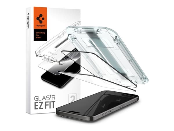 Spigen GLAS.tR EZ Fit - Skjermbeskyttelse for mobiltelefon - full deksel - glass - rammefarge svart - for Apple iPhone 15 Pro