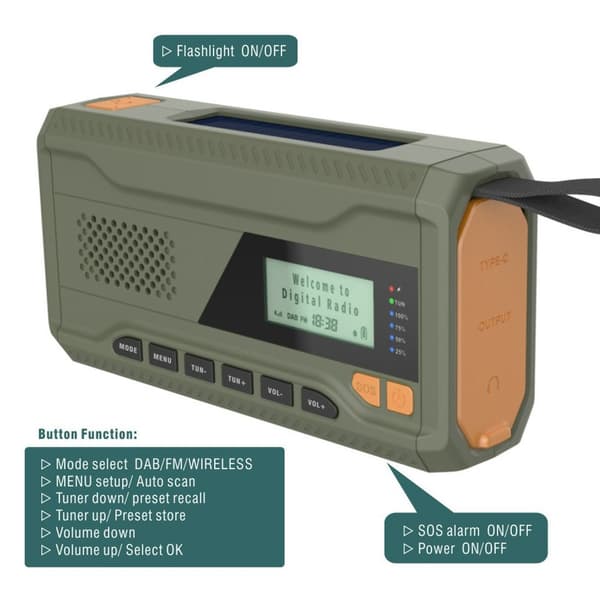 Solenergi håndsveiv DAB FM-radio lommelykt 4500mAh strømbank