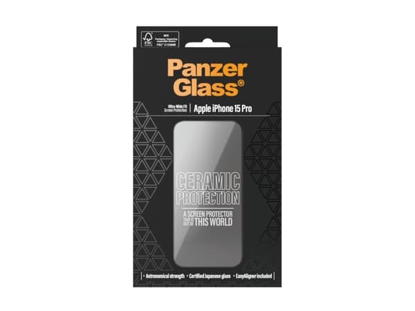 PanzerGlass Ceramic Protection - Skärmskydd för mobiltelefon - ultrabred passning med EasyAligner - glas - ramfärg svart - för Apple iPhone 15 Pro