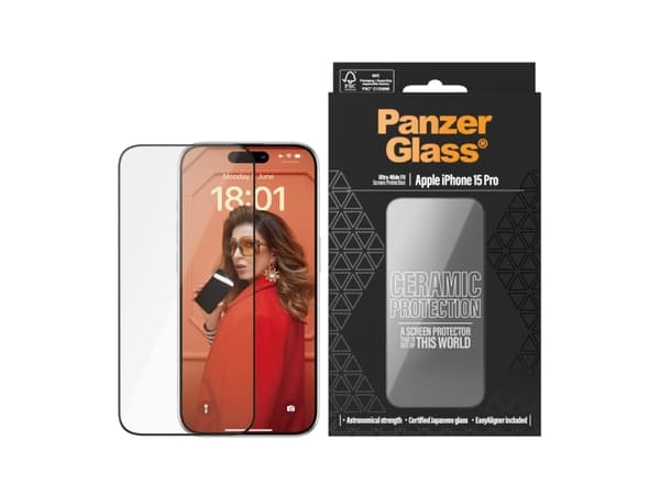 PanzerGlass Ceramic Protection - Skärmskydd för mobiltelefon - ultrabred passning med EasyAligner - glas - ramfärg svart - för Apple iPhone 15 Pro