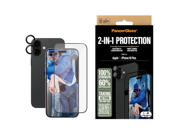PanzerGlass - Skjermbeskyttelse for mobiltelefon - 2 in 1 - glass - rammefarge svart - for Apple iPhone 15 Plus, 16 Plus