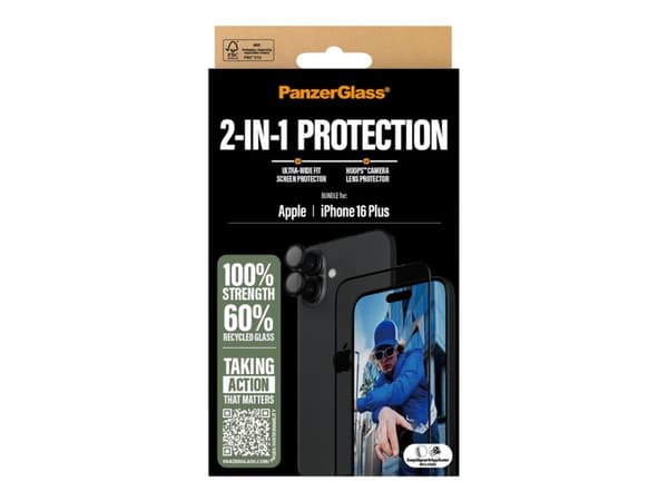 PanzerGlass - Skjermbeskyttelse for mobiltelefon - 2 in 1 - glass - rammefarge svart - for Apple iPhone 15 Plus, 16 Plus
