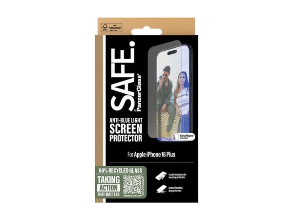 SAFE. by PanzerGlass - Skjermbeskyttelse for mobiltelefon - anti-blått lys, ultrabred passform - glass - for Apple iPhone 15 Plus, 16 Plus