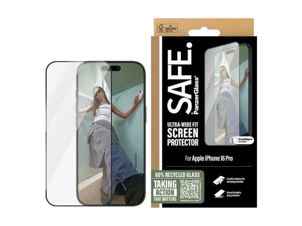 SAFE. by PanzerGlass - Skjermbeskyttelse for mobiltelefon - ultrabred passform - glass - rammefarge svart - for Apple iPhone 16 Pro