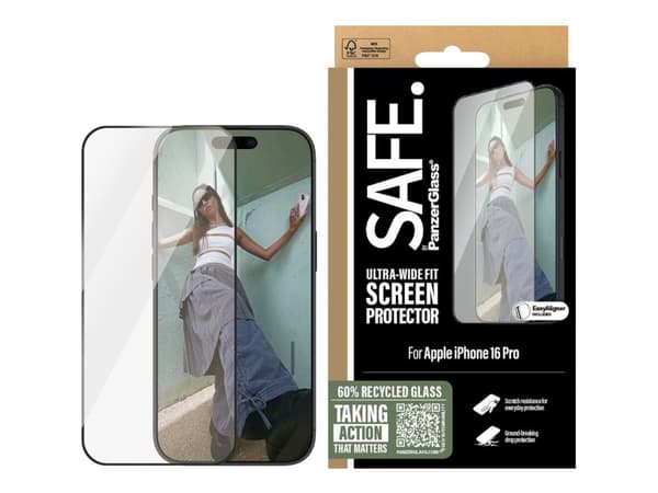 SAFE. by PanzerGlass - Skjermbeskyttelse for mobiltelefon - ultrabred passform - glass - rammefarge svart - for Apple iPhone 16 Pro
