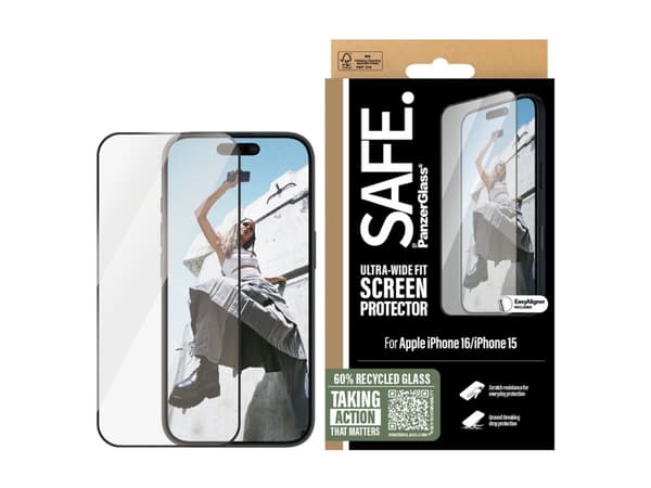 SAFE. by PanzerGlass - Skärmskydd för mobiltelefon - ultrabred passning - glas - ramfärg svart - för Apple iPhone 15, 16
