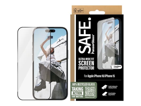 SAFE. by PanzerGlass - Skärmskydd för mobiltelefon - ultrabred passning - glas - ramfärg svart - för Apple iPhone 15, 16