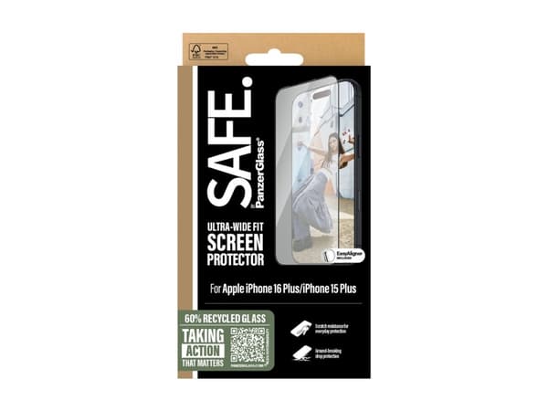 SAFE. by PanzerGlass - Skjermbeskyttelse for mobiltelefon - ultrabred passform - glass - rammefarge svart - for Apple iPhone 15 Plus, 16 Plus
