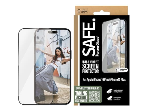 SAFE. by PanzerGlass - Skjermbeskyttelse for mobiltelefon - ultrabred passform - glass - rammefarge svart - for Apple iPhone 15 Plus, 16 Plus
