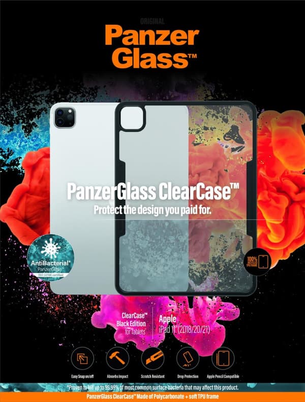 PanzerGlass ClearCase - Black Edition - bagcover til tablet - plastik, hærdet glas - til Apple 27,90 cm (11") iPad Pro (1. generation, 2. generation,