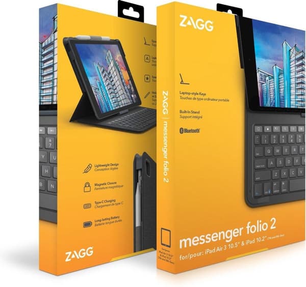 ZAGG Messenger Folio 2 - tastatur og folio-etui - Bluetooth - QWERTZ - Tysk - kultastatur, trækulshylster - til Apple 10,2" iPad (7. generation, 8. ge