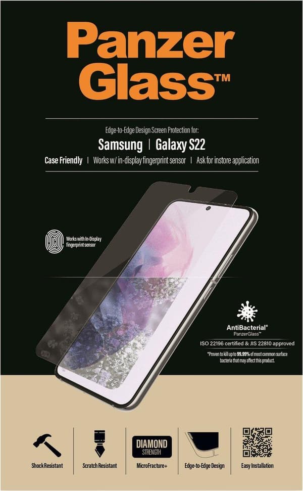 PanzerGlass Anti-Bacterial Case Friendly Skärmskydd till Samsung Galaxy S22 - Svart