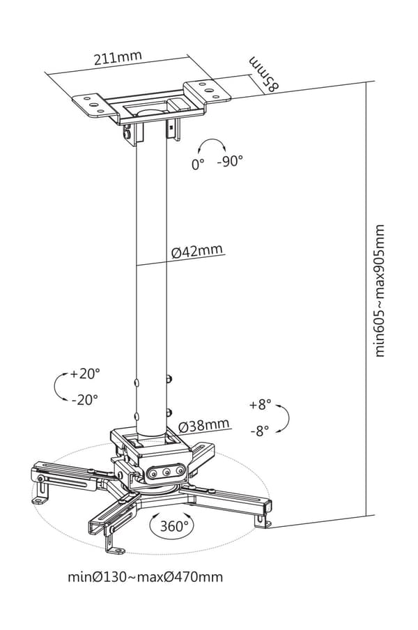 Projector mount flat/inclined ceilings tilt swivel 35kg