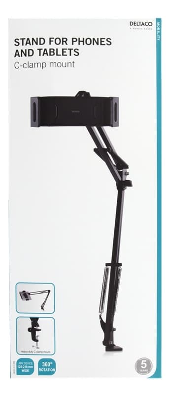 DELTACO Stativ för smartphones & surfplattor 4"-12.9", c-clamp, 360°