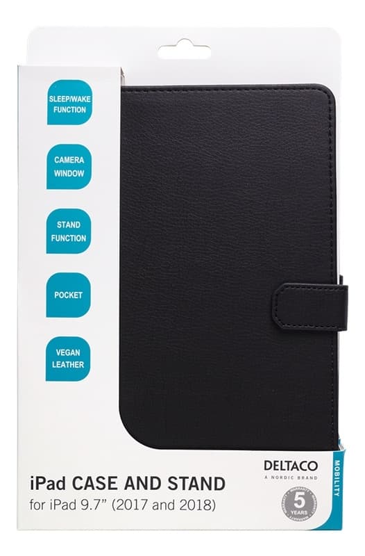 DELTACO iPad 9,7" 2017/2018-etui, vegansk lær, dvale/våkne, stativ