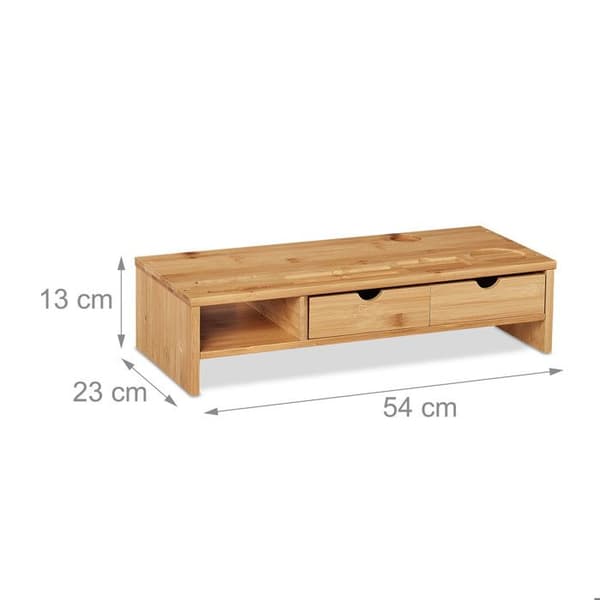Relaxdays datorskärmshållare i bambu, 2 lådor, förvaringsfack, datorhöjare, HLP 13x54x23 cm, naturlig
