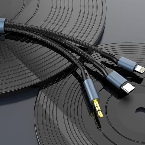 Dudao L12Pro 3.5mm Jack till 3.5mm Jack/USB-C/Lightning 3-i-1 kabel 1m – Grå