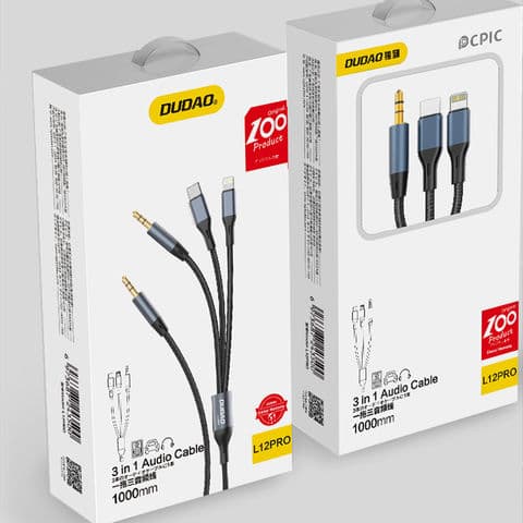 Dudao L12Pro 3.5mm Jack till 3.5mm Jack/USB-C/Lightning 3-i-1 kabel 1m – Grå