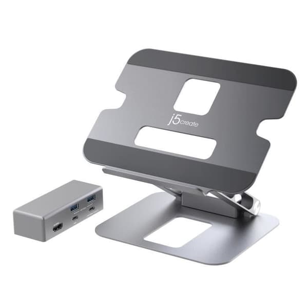 j5create JTS327 Multi-Angle Laptop Stand med 4K Dock, stålgrå