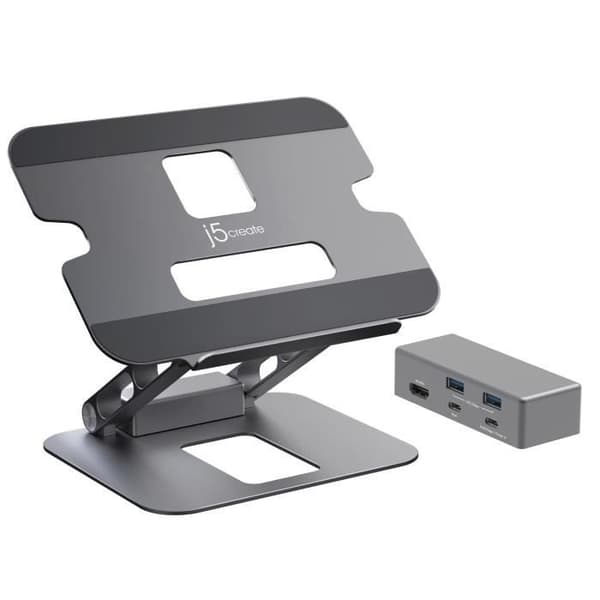j5create JTS327 Multi-Angle Laptop Stand med 4K Dock, stålgrå