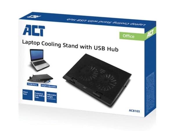 Laptopställ - ACT - Fläkt - Justerbar höjd - 4-ports nav - Svart